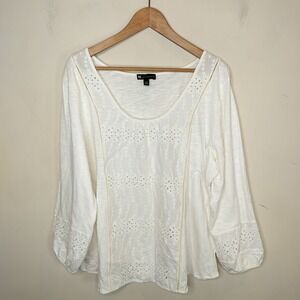 Valerie Bertinelli White Cotton Eyelet Embroidered Shirt Boho Cottage